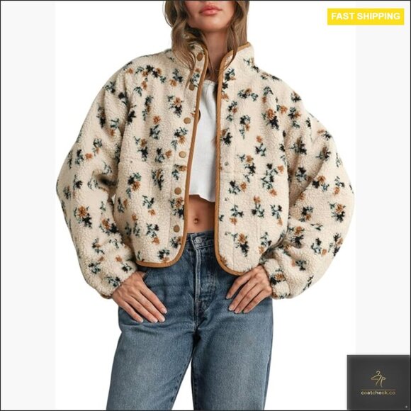 Jackets & Blazers - Floral Print Fluffy Fleece Jacket Snap Button Winter Teddy Cozy Casual